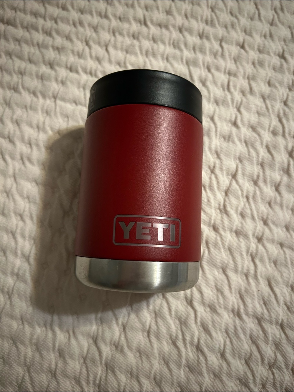 Yeti Red Can Insulator with Black Lid and Stainless Base
